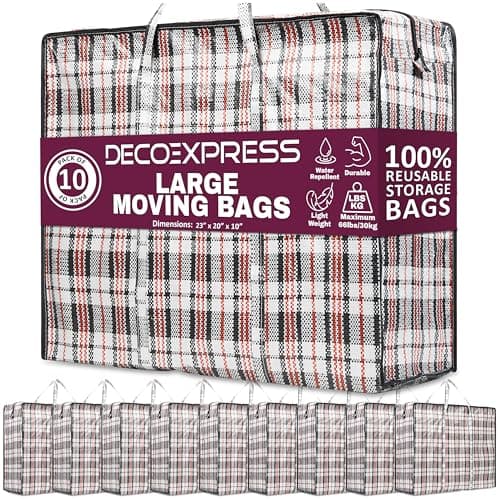 DECO EXPRESS Laundry Bags XL, Pack of 10, 75L Strong, Durable & Reusable Extra Large Storage Bags with Zips, Ideal for Moving, Shopping, Packing, Laundry & Clothes Storage (60 X 50 X 25 CM)