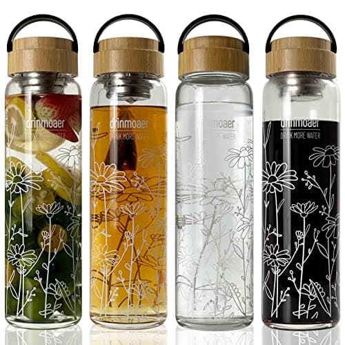 drinmoaer 1L Borosilicate Glass Water Bottle with Bamboo Lid and 2 Tea Infuser Sets for Fruit Infused Water and Cold Brew Coffee - Glass Travel Tumbler with Strainer for Loose Leaf Tea (Flower) — view 6