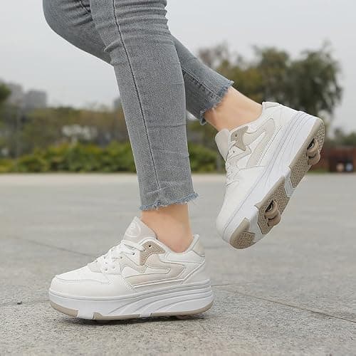 Mateju Kids Roller Skate Shoes for Boys Girls, Skateboarding Skates Outdoor Parkour Shoes Retractable 4 Wheels Unisex Teenager Children Sports Walking Running Sneakers Shoes Beige — view 2