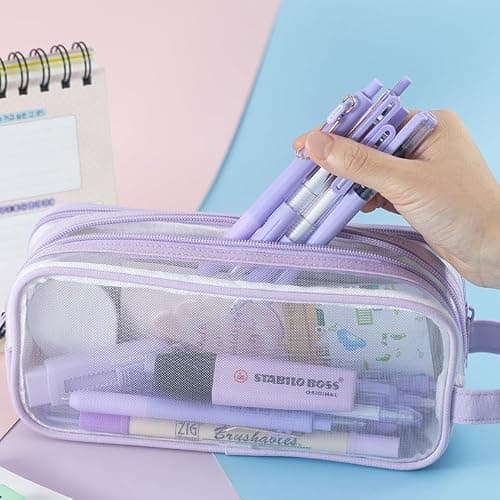 Deyaah Large Clear Mesh Pencil Case Pouch, 2 Compartment Pen Bag Multifunction Pencil Pouch Transparent Makeup Bag for Teen Student College Business Travel Office Adult (Purple) — view 5