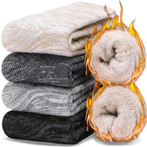 EBMORE Merino Wool Thermal Warm Socks for Women Men Thick Winter Walking Hiking Cosy Crew Comfy Gifts Socks 4 Pairs Stocking Fillers(Beige/Grey/Dark Grey/Black, 3-7)