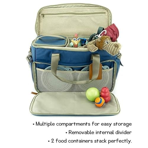 Posh Pooch Dog Travel Bag Pet Multi-Use Dog Outdoor Bag with Locking Safety Zippers, Food and Accessory Bag for Traveling For Dogs, Cats & Pets Includes Bowls, Matt, Tag & Shoulder Strap (Blue) — view 4