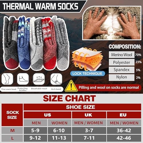 Welwoos Merino Wool Walking Hiking Socks for Women Men Thermal Winter Warm Cosy Crew Work Gift Socks Stocking Fillers 5 Pairs(Mixed, 3-7) — view 5