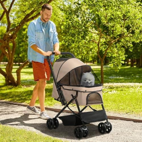 PawHut Dog Stroller with Reversible Handle for Small Dogs Light Brown — view 2