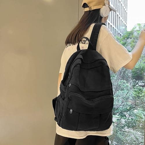 GAMLFL Canvas Backpack for Women Retro Aesthetic Rucksack Basic Backpack for High School/College Students Travel Laptop Bag, Black, 5.6 x 13.3 x 16.2 inches, Travel Backpacks — view 4