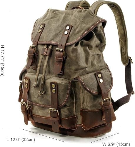 Mens Genuine Leather-Waxed Canvas Backpack Shoulder Rucksack, Vintage Mountaineering Travel Bag, Heavy Duty, Waterproof, Oversized Highly Spacious Bag for Traveling, Outdoor, Weekender — view 3