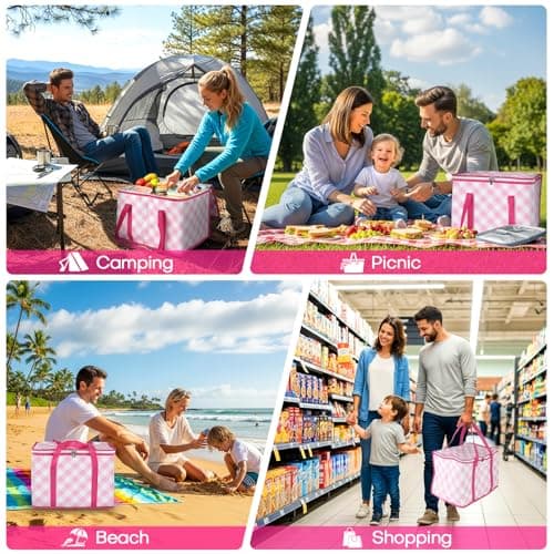 Beautyshow Cool Bag, 40L Large Insulated Bag, Reusable Grocery Shopping Bags with Classic Gingham Design, Foldable Thermal Food Delivery Bags Soft Cooler for Picnic, BBQ, Camping, Beach, Travel, Auto — view 6