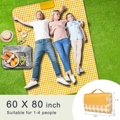 SAMSIER Outdoor Picnic Blankets Waterproof Foldable Sandproof, Large Gingham Cute Picnic Mat Washable Portable for Park Beach Camping Courtyard (Yellow, 150 x 200cm/60"×80") — view 2