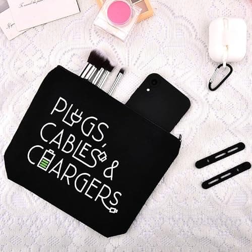 Plugs Cables Chargers Storage Bag for Women Men Tech Gifts for Best Friend Silicone Cable Ties Wire Wrap Organiser for USB Cables Cord Keepers for Charging Accessories Pouch for Travel Home Camping — view 3