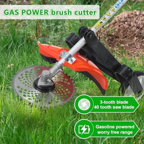 8 in 1 Petrol Garden Multi Tool, 52CC Gas Powered Weed Eater with Brush Cutter, Hedge Trimmer, Pole Chainsaw & Auxiliary Wheel for Grass Hedge Tree Cutting (Orange) — view 3