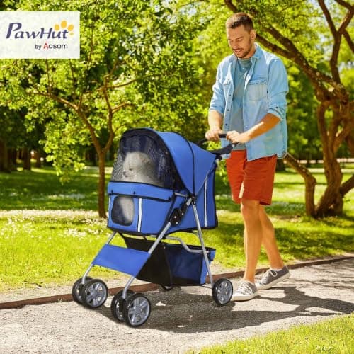 PawHut Pet Stroller for Small Dogs Cats Foldable Travel Carriage with Wheels Zipper Entry Cup Holder Storage Basket Blue — view 2