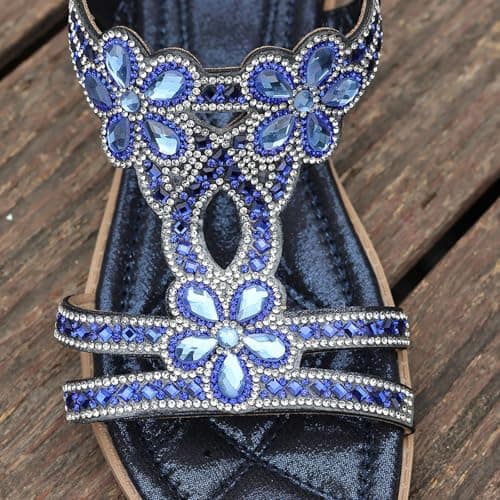 Blue Sandals For Women Ladies Sandals Size 5 Uk Flat Fashion Rhinestone Flat Roman Sandal With Ankle Straps Comfortable Soft Sole Lightweight Walking Sandal Slip Resistant Holidays Casual Shoes — view 6