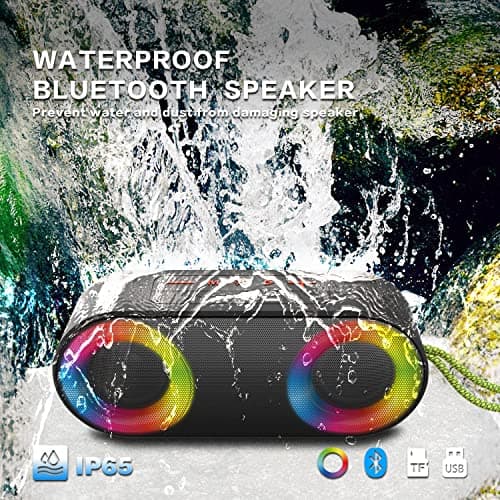 TOMPROAD Portable Waterproof Bluetooth Speakers with LED Lights Wireless Stereo Sound Rich Bass Shower Speakers Outdoor Speaker Support FM Radio RGB Lights for Home, Travel, Camping — view 2