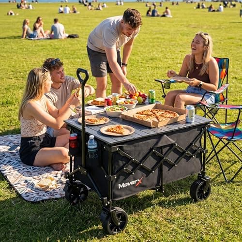 MoverX 120L Camping Trolley on Wheels, Table Folding Wagon, Portable Camping Cart, Foldable Trolly for Festival Beach Outdoor Garden Picnic Shopping Fishing, Wide Wheels, Adjustable Handle, Black — view 2