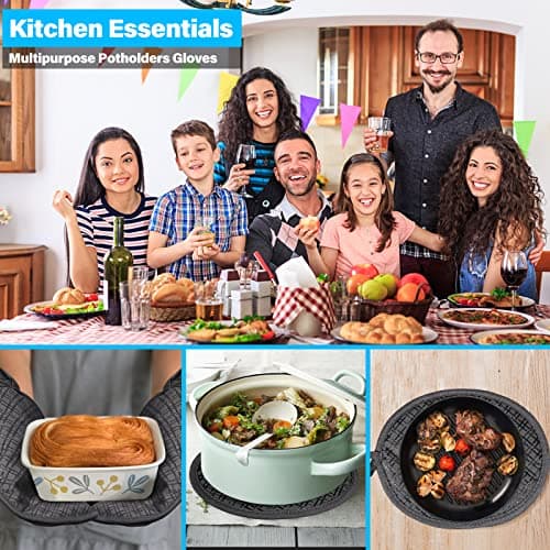 Suglary 2 in 1 Pot Holder with Pocket, Oven Gloves Set Heat Resistant up to 260℃ Practical Hot Pads with Non-slip Silicone Handle and Hook Heat-resistant Kitchen Pot Holder for Cooking Kitchen — view 2