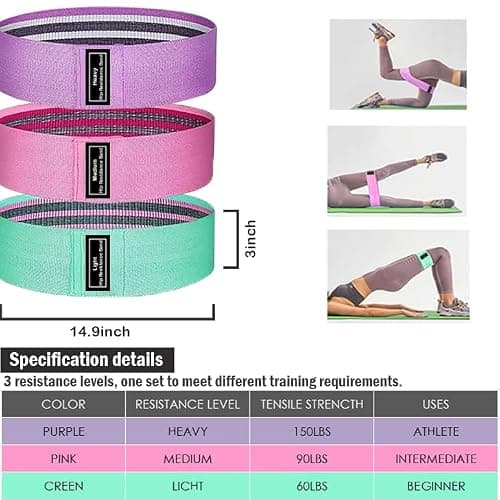 S.ROMZA Fabric Resistance Bands for Working Out Elastic Exercise Band Squats Fabric Exercise Bands for Legs and Butt Pilates,Yoga,Rehab Male and Female Fitness Resistance Bands (Green/Pink/Purple) — view 3