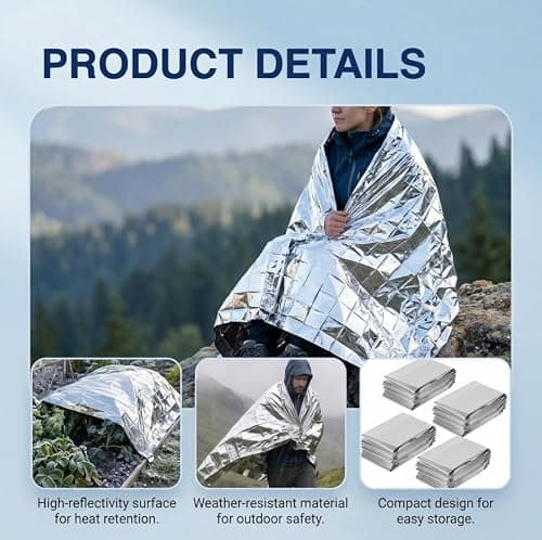 4 Pack Emergency Foil Blankets Survival Thermal Mylar Blankets, 210×130cm — view 3
