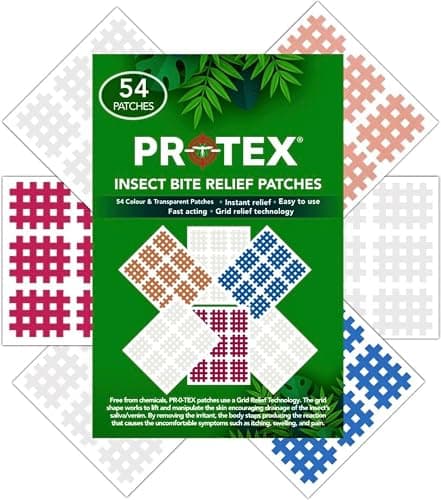 PR0TEX 54 Insect Bite Relief Patches (27 Coloured & 27 Transparent) Providing Fast Acting Relief from Itching and Swelling Caused by Mosquito Bites, Midges, Bee and Wasp Stings. Chemical Free.