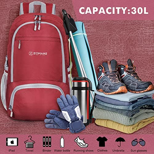ZOMAKE Lightweight Foldable Backpack Packable Rucksack (30L/Red) — view 3