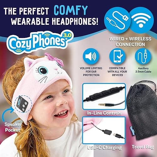 CozyPhones Headband HEADPHONES for Kids – Cat Design, Volume Limited, Soft Fleece, Comfortable for Sleep & Travel, Baby Headband Headphones, Music Headband, Headband Earphones for Sleeping — view 6