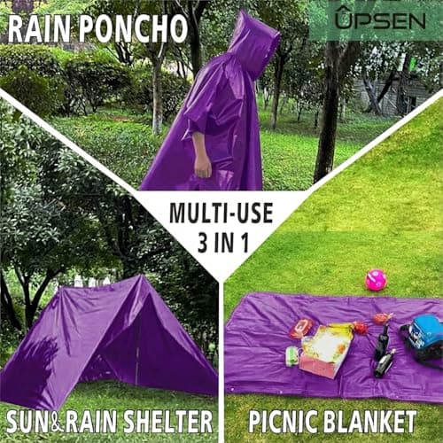 UPSEN Rain Ponchos for Adults, 2 Pcs Reusable Raincoats Coats Jackets Emergency for Women Men with Hood, Purple — view 6