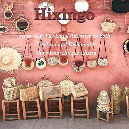 Hixingo Women Handbag Straw Bag, Round Summer Beach Hand-Woven Bohemian Straw Bag Purse Tote Bag for Gift Holiday Travel Shopping (Red,28x26x15cm) — view 6
