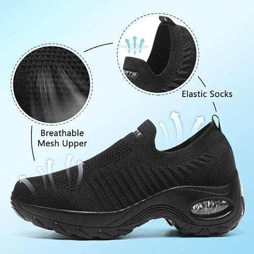 Womens Walking Shoes Slip On Trainers Arch Support Lightweight Running Shoes for Plantar Fasciitis Orthopedic Comfy Nurse Shoes Full Black UK 8 — view 3