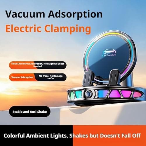 RGB Ambient Light Wireless Car Charger, 15W Auto-Clamping Wireless Charging Phone Holder with Vacuum Suction Cup, Fast Charging, 360° Rotating Car Mount Charger with 7-Color RGB Light — view 6
