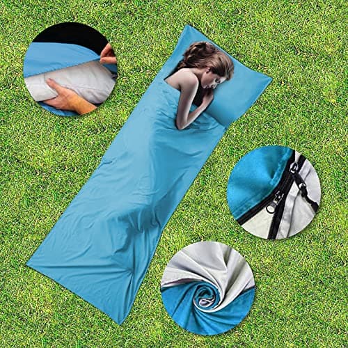 Kaket Sleeping Bag Liner 210 x 70 cm, Camping Sleep Bag Liner with Pillow Slot, Portable Lightweight Travel Sheet for Camping Hostels Picnic Hiking (Sky Blue) — view 3