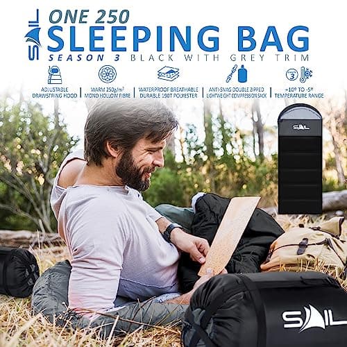 SAIL 3 Season Sleeping Bag for Kids & Adults - Extra Wide, 250GSM Lightweight & Waterproof - Large XL Sleeping Bag for Camping, Indoor & Outdoor, Hiking & Backpacking - Black — view 2