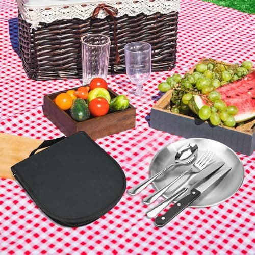14 Pcs Camping Plate Set - Reusable Stainless Steel Cutlery Camping Cutlery Set with Plates Forks Spoons Corkscrew, Ideal for Road Trips, Picnics and Camping Adventures - Suitable for 2 People — view 6