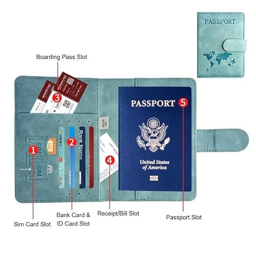 StoneMaxi RFID Blocking Passport Holder Travel Wallet PU Leather British Passport Cover with Card Cash Slots Waterproof Travel Document Case for Men Women (Magnetic - Light Blue) — view 3