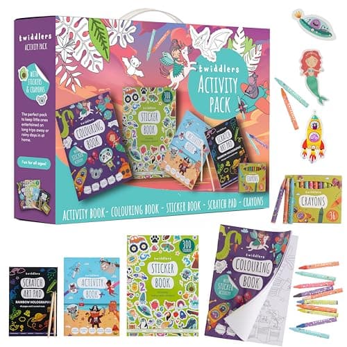 THE TWIDDLERS Kids Activity Pack Colouring Book Collection with Art Scratch Pads, 36 Crayons, Stickers, Kids Travel Activity Pack for Children Unisex, Art Birthday Gift for Girls & Boys, Ages 4-9