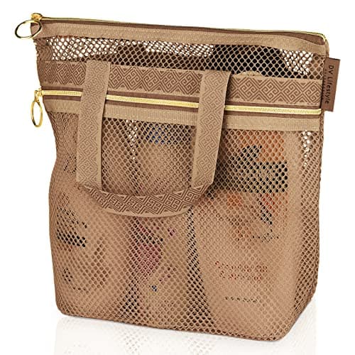 DV Lifestyle Mesh Shower Bag 25 x 26cm Caddy with Zipper & 2 Pockets. Quick-Dry Portable Toiletry Tote for Bathroom, Gym, Travel, Camp, Beach, for Sunscreen, Dorm & College Essentials (Brown)