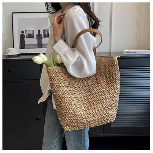 Aucuu Straw Shoulder Bag, Straw Bag for Women, Beach Bag, Large Zippered Handbag Tote Bag, Bohemian Summer Handheld Shoulder Bag for Outdoor Travel and Beach (Caramel) — view 2