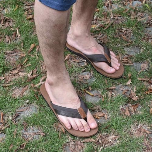 KuaiLu Men's Leather Flip Flops Arch Support Summer Beach Pool Water Thong Sandals Waterproof Rubber Walking Shoes Slip on Orthotic Casual Sport Cushioned Wide Slides Shower Slippers Khaki Brown 10 — view 3