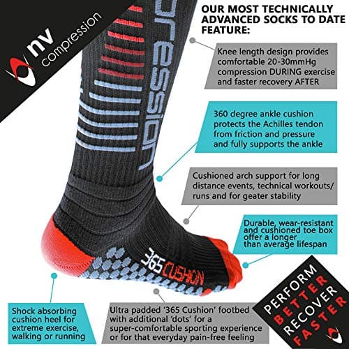 NV Compression 365 Cushion Socks – Black – Compression Sports Socks – for Running, Cycling, Triathlon, Gym (Bk/Red Stripes, XL) — view 2