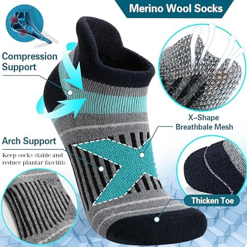 EBMORE Merino Wool Ankle Hiking Socks Compression Warm Thermal Thick Winter Running Moisture Wicking No Show Cushion Socks Gifts Stocking Fillers for Women Men 6 Pairs(Color Mix，L) — view 3