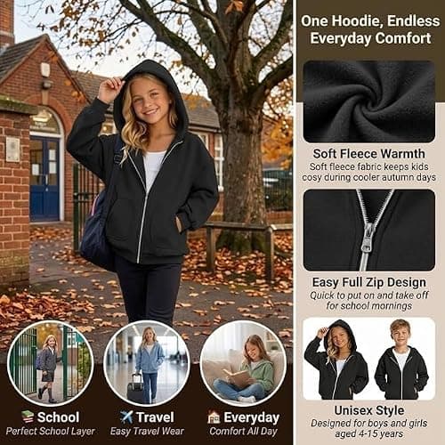 Girls Boys Zip Up Hoodie Kids Plain Sweatshirt With Hood 2026 Unisex Child — view 6