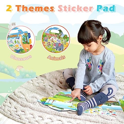 GUYUCOM 2 Pack Reusable Sticker Books for Toddlers, Durable No Glue Stickers for Kids, Activity Crafts for 2 3 4 Year Old Boys Girls Dinosaurs Animals Travel Toys on Plane Car Birthday Gifts — view 2