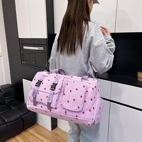 Flintronic Corduroy Strawberry Travel Duffel Bag, Large Gym Bag with Shoe Compartment & Wet Pocket, Foldable Weekender Bag for Gym, Swim, Dance, Travel (Purple) — view 3
