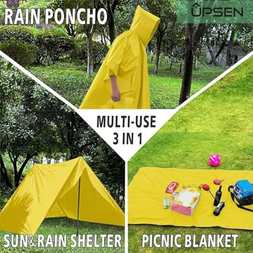 UPSEN Rain Ponchos for Adults, 2 Pcs Reusable Raincoats Coats Jackets Emergency for Women Men with Hood, Yellow — view 6