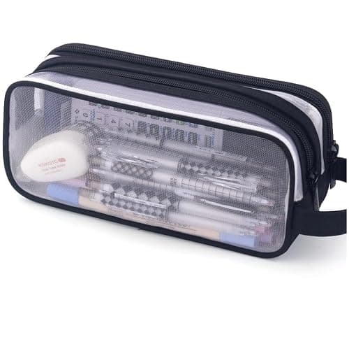 Deyaah Large Clear Mesh Pencil Case Pouch, 2 Compartment Pen Bag Multifunction Pencil Pouch Transparent Makeup Bag for Teen Student College Business Travel Office Adult (Black)