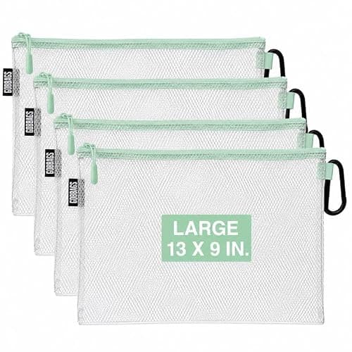 GOBAGS Air Production Large Clear Zipper Pouch (4-Pack) – Cable Organizer & Travel Gear Bag for Electronics, Camera Accessories, Tool Pouch & Small Tech Storage (Mint Green)