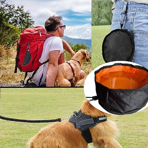 Changyeah Foldable Dog Feeder Waxed Fabric Dog Bowl Collapsible Bowl for Hiking or Travel, Portable Travel Bowl for Food and Water with Carabiner, Black — view 4