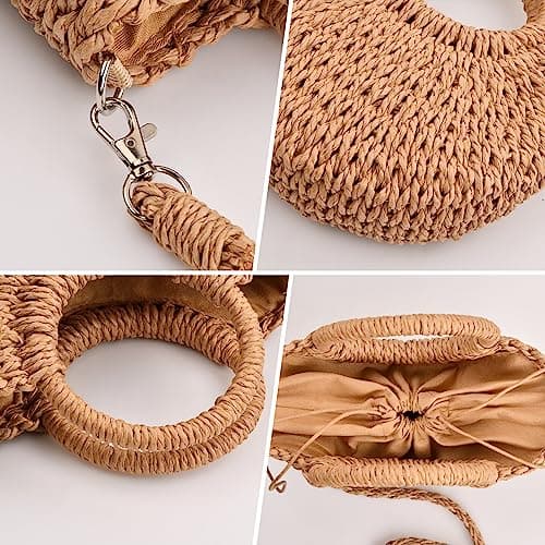 Wisebom Straw Beach Bag for Women, Handwoven Tote Bag Straw Crossbody Bag Hand Weave Shoulder Bag, Rattan Handbag Hollow Boho Style Clutch Purse for Beach Travel Daily Use — view 5