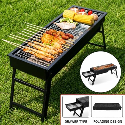 HOMIVION® Portable Folding Charcoal BBQ Grill, Comapct Outdoor Barbecue, Iron Grill with Foldable Legs, Lightweight Camping BBQ for Garden, Picnic & Travel (60 x 22.5 x 32 cm) — view 3
