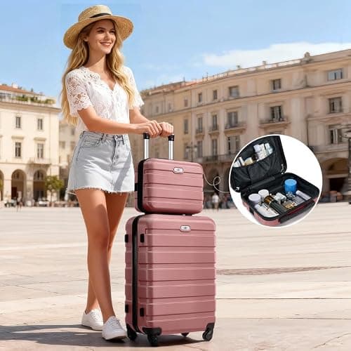 Suitour Carry On Luggage Set 22x14x9 Airline Approved Luggage Sets 4 Piece, ABS Hardside 20inch Suitcase with 360°Spinner Wheels Lightweight Travel Suitcase Sets, Rose Gold, 4-Piece Set(20+Bags+Makeup — view 4