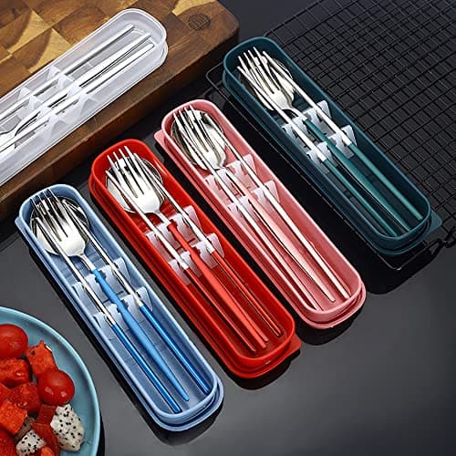 AXIAOLU Travel Utensils, Stainless Steel 4pcs Cutlery Set Portable Camp Reusable Flatware Silverware, Include Fork Spoon Chopsticks with Case (Red) — view 5