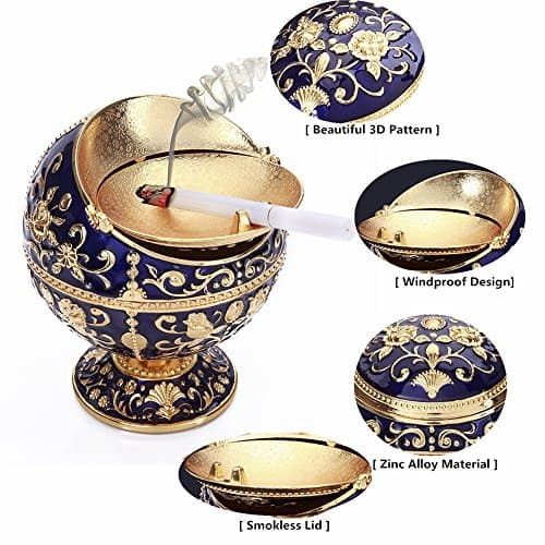 Malayas Vintage Windproof Cigar Ashtray with Lids Metal Portable Cigarette Ashtray and Odor Eliminator for Outdoors and Indoors Use, Hand Stamped Pattern Nice Gift for Men and Women (Navy Blue) — view 5